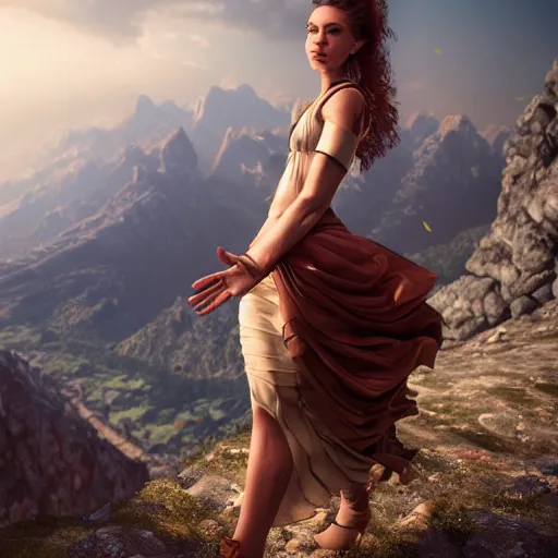 Image similar to renaissance woman using a smarting , centered full body shot, full pov, studio light, italian mountains background, intricate, epic lighting, cinematic composition, hyper realistic, 8k resolution, unreal engine 5