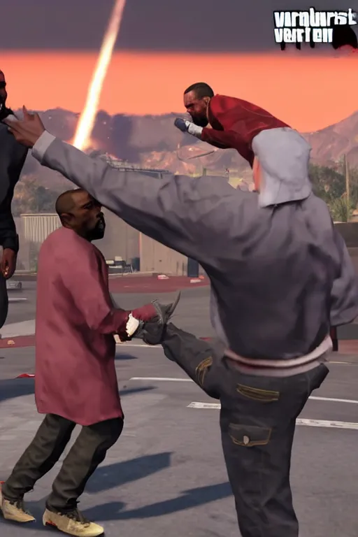 Image similar to kanye west having a fistfight with lester crest from gta v, gameplay, grand theft auto v, strong dramatic cinematic lighting, blood red sky, smooth, sharp focus, extremely detailed