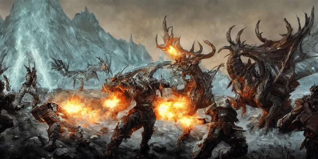 Image similar to craig mullins detailed digital painting of a battle scene, mounted paladins versus a frost dragon from the computer game master of magic ( 1 9 9 4 ), cinematic shot, very detailed, maximalism, unreal engine, hyper realism, realistic shading, cinematic composition, blender render, octane render, hdr, detailed textures, photorealistic, very wide shot, 1 6 mm lens