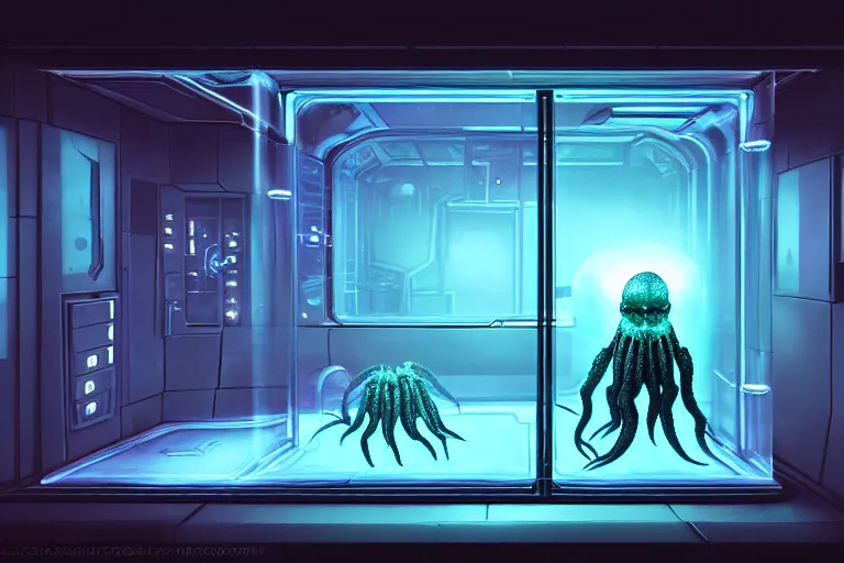 Prompt: slimy wet cthulhu scorpion lovecraft alien tarantula blob monster trapped inside a large transparent science fiction mass effect glass containment chamber filled with blue liquid in a furnished science fiction spaceship laboratory, dramatic lighting, octane, red led lights, lens flare, trending on artstation, volumetric lighting