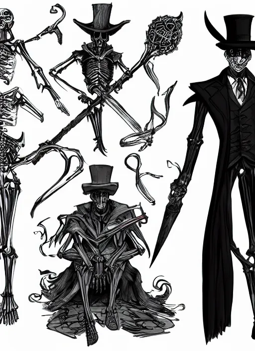 Prompt: DND character concept, skeletal male figure, wearing a deep black suit!!! and tie and top hat, holding a gold! cane!. Surrounded by light blue!!! flames!!