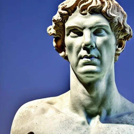 Prompt: a classical greek sculpture of benedict cumberbatch as a greek god, tourism photographic shot