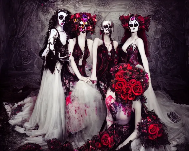 Prompt: three stunning otherworldly gothic goddesses of beauty wearing psychedelic wicca and skulls, in wedding dresses, red neon roses, full body, dark and mysterious, atmospheric, ominous, eerie, cinematic light, epic, 8 k 3 d, ultra detail, ultra realistic, by giger, by wlop