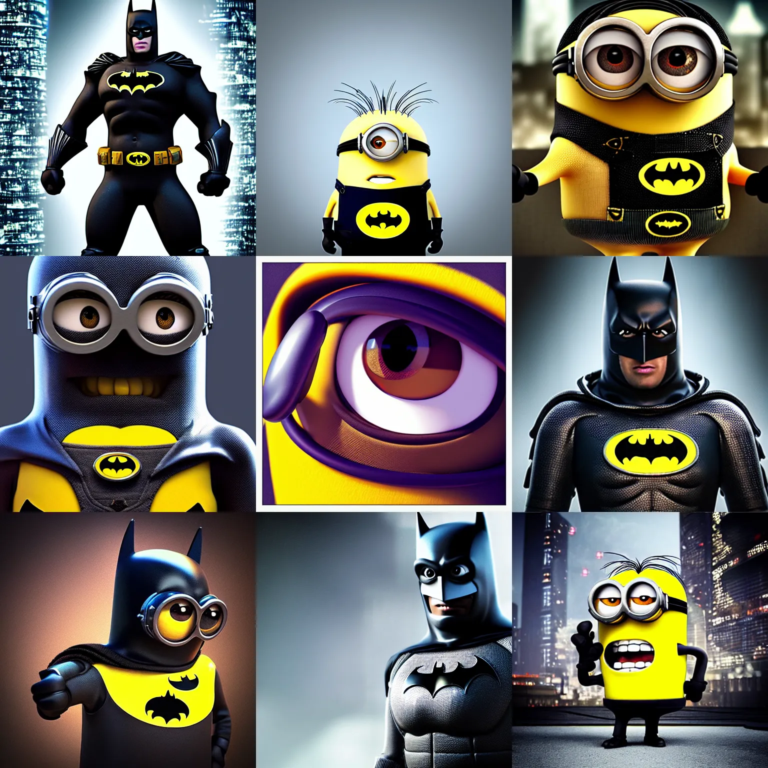 Prompt: “minion batman, UHD, hyperrealistic render, 4k, cyberpunk”