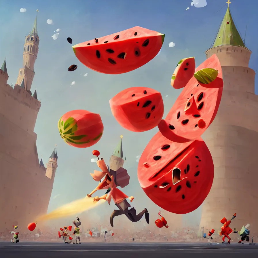 Prompt: Goro Fujita illustrating a watermelon rocket hitting the Red Square Kremlin, art by Goro Fujita, sharp focus, highly detailed, ArtStation