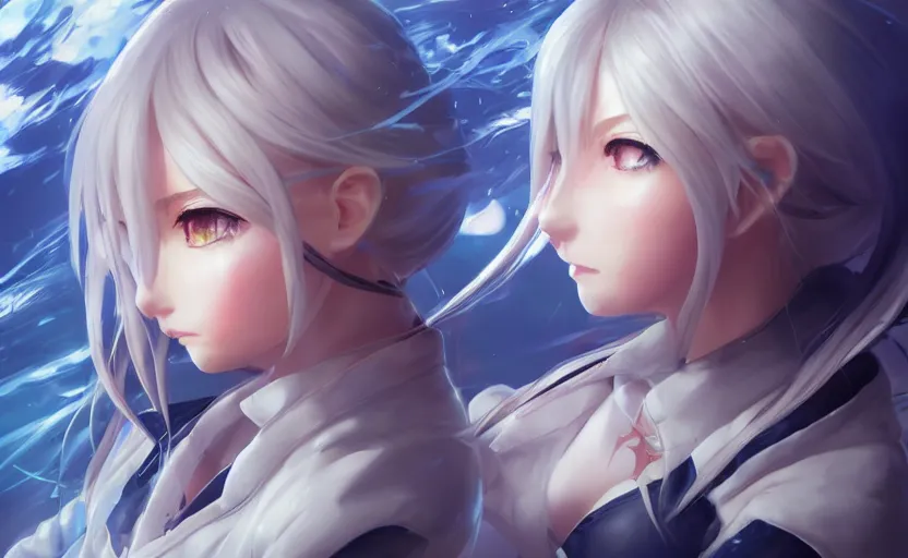 Image similar to highly detailed, character art, octane, anime art, stunning, realistic lightning, realistic ocean, from the azur lane videogame, matte, sharp focus, intricate, 150mm, illustration, trending on artstation, by kuvshinov ilya, realistic human anatomy, simple design, female sailor uniforms, clean line art