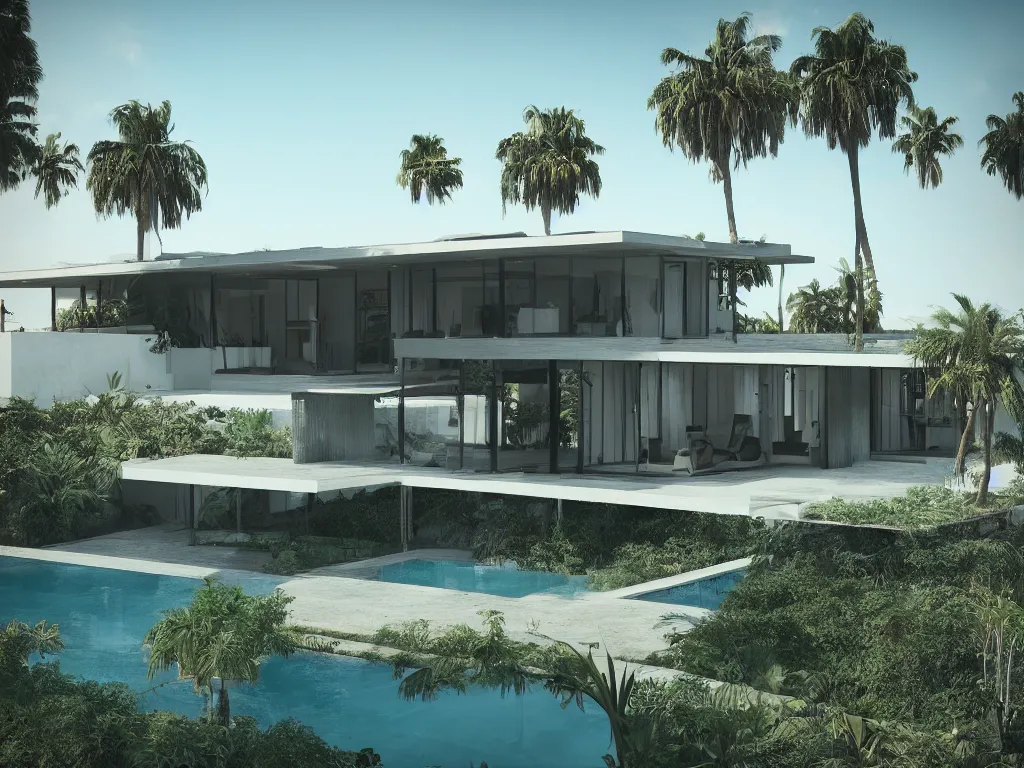 Prompt: “A mid-century stahl house in palm trees by Pierre Koenig, los angeles, trending on artstation, octane render, cgsociety, digital art”