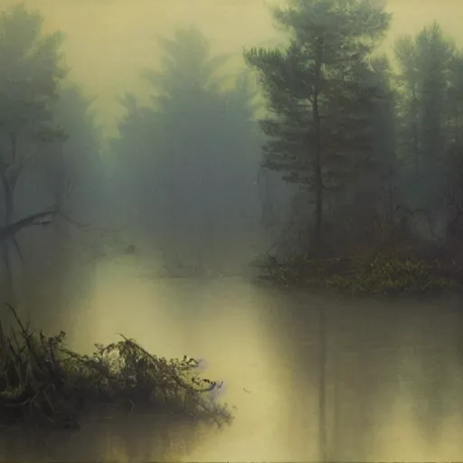 Prompt: dangerous swamp, a bit foggy, bizarre pines, hudson river school painting, naturalism