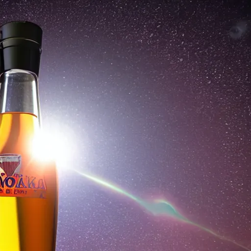 Image similar to A Vodka Bottle flying on the universe, 8K, Ultra Detailed, Very Impressive, smooth and sharp focus