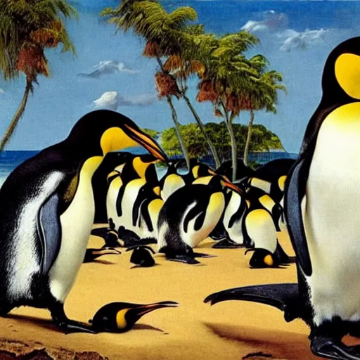 Prompt: “king penguins relaxing on a picturesque tropical beach, painted by Salvador Dali, Norman Rockwell, Rembrandt, Escher”