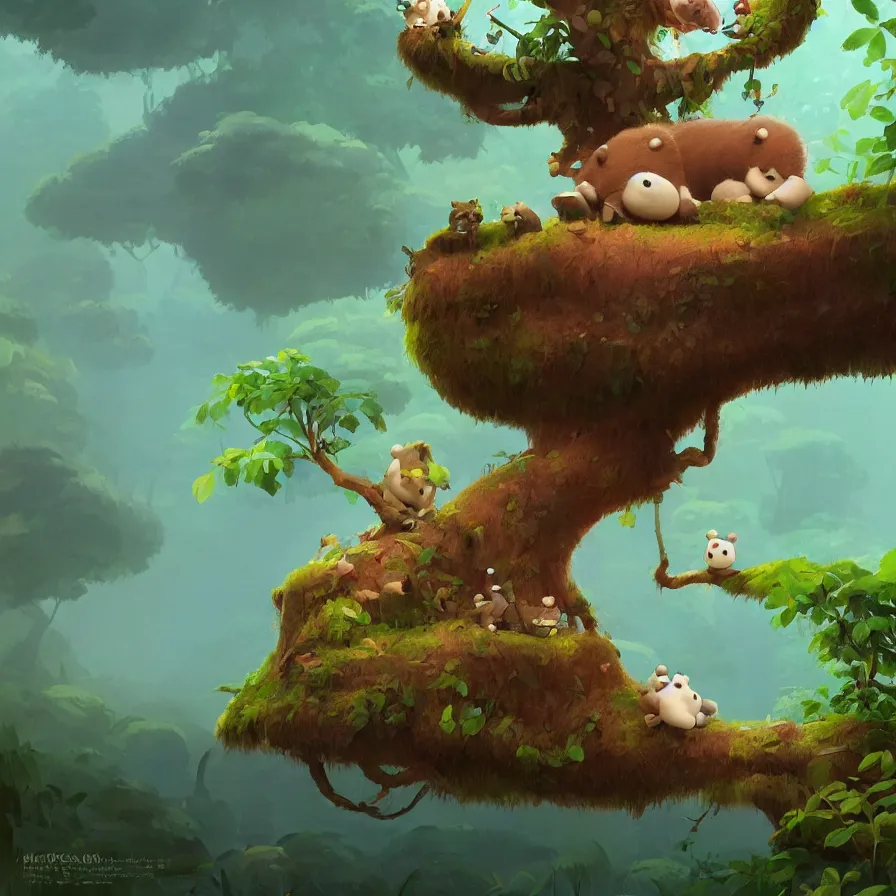 Image similar to A river, a baby bear on top of a trunk, jungle, art by Goro Fujita, ilustration, concept art, sharp focus, ArtStation, Deviantart