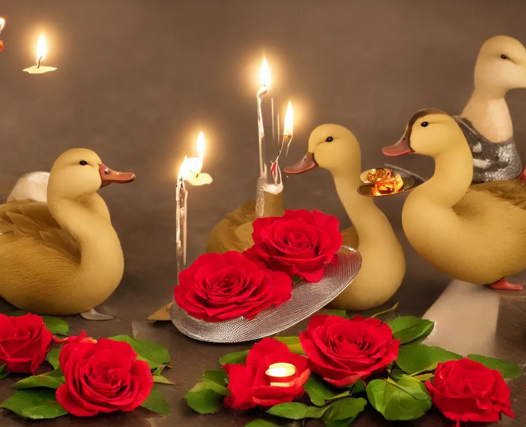 Image similar to two ducks with funny hats on their heads having a romantic dinner with candles champagne petals roses, highly detailed, 8 k ultrahd hd resolution