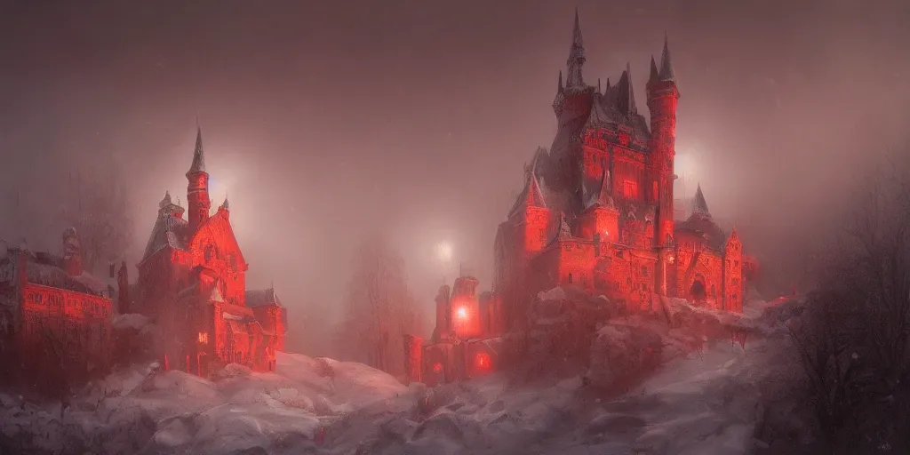 Image similar to A hyper realistic oil painting of a gothic castle made out of crimson stone, surrounded by snow, surrounded by fog, moody cinematic lighting, red moonlight above the castle, hyper detailed, by greg rutkowski, trending on artstation