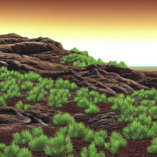 Prompt: Prehistoric Martian landscape, greenery, ocean scene, iron-rich soil on Mars