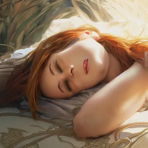 Image similar to ultra realistic illustration, bella thorne sleeping, intricate, elegant, highly detailed, digital painting, artstation, concept art, smooth, sharp focus, illustration, art by artgerm and greg rutkowski and alphonse mucha