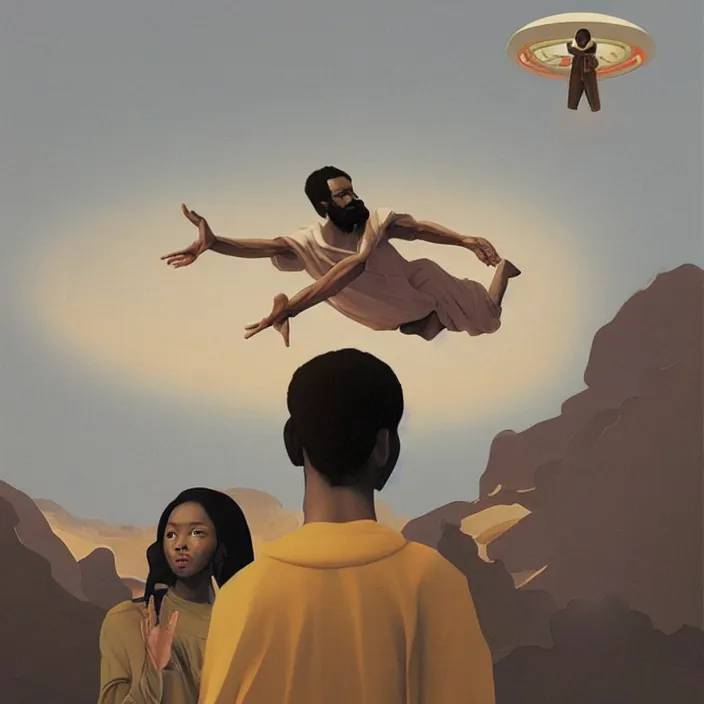 Prompt: a UFO hovering over an African Jesus, painting by Hsiao-Ron Cheng,