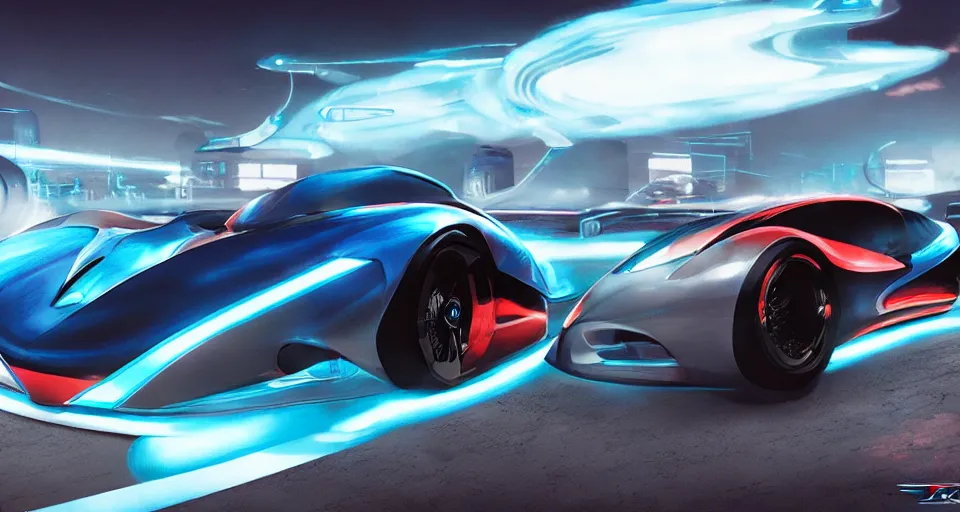 Image similar to dream tron tesla light cycle race, hot wheels, wipe out, hyper realistic, concept art, smooth, high contrast, volumetric lighting, octane, raytrace, syd mead, artgerm, jim lee,