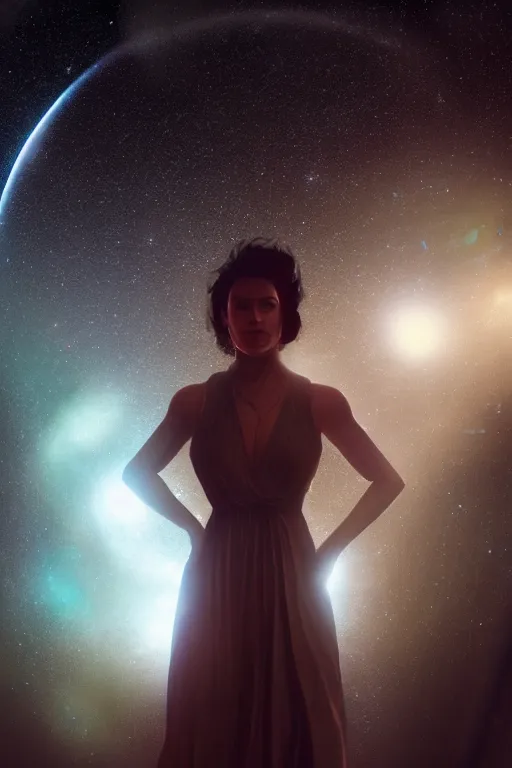 Image similar to a woman, wearing a dress made of stars, volumetric lighting, planets in the background, smooth, sharp focus, very detailed, by greg rutkowski, artstation, tom badshaw, 8 k, symmetrical face