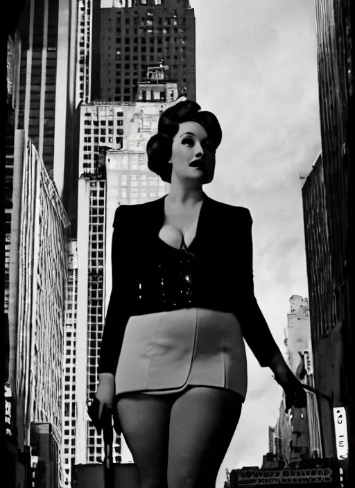 Image similar to a film photography of a joan holloway, curvy, of mad men on madison avenue, new york city. by annie leibovitz. noir style. cinematic. neon lights glow in the background. ilford hp 5 4 0 0, canon eos c 3 0 0, ƒ 1. 8, 3 5 mm, 8 k, medium - format print