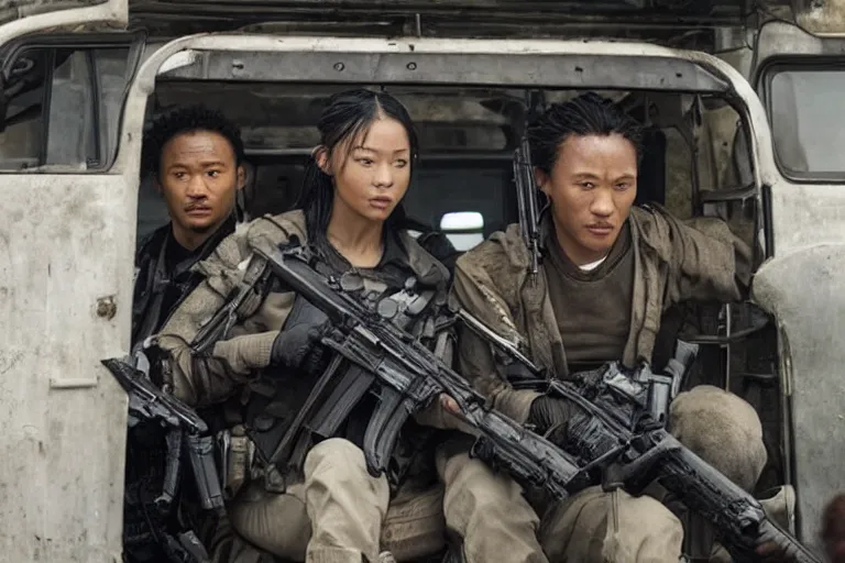 Image similar to movie diverse interracial team of Japanese robbers armed with rifles interior clean futuristic tactical van, beautiful skin, Symmetrical faces. natural lighting by Emmanuel Lubezki