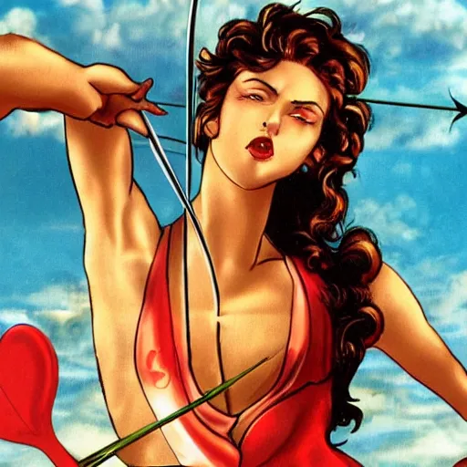 Image similar to cupid shoots his arrow right into a super hot woman's eye