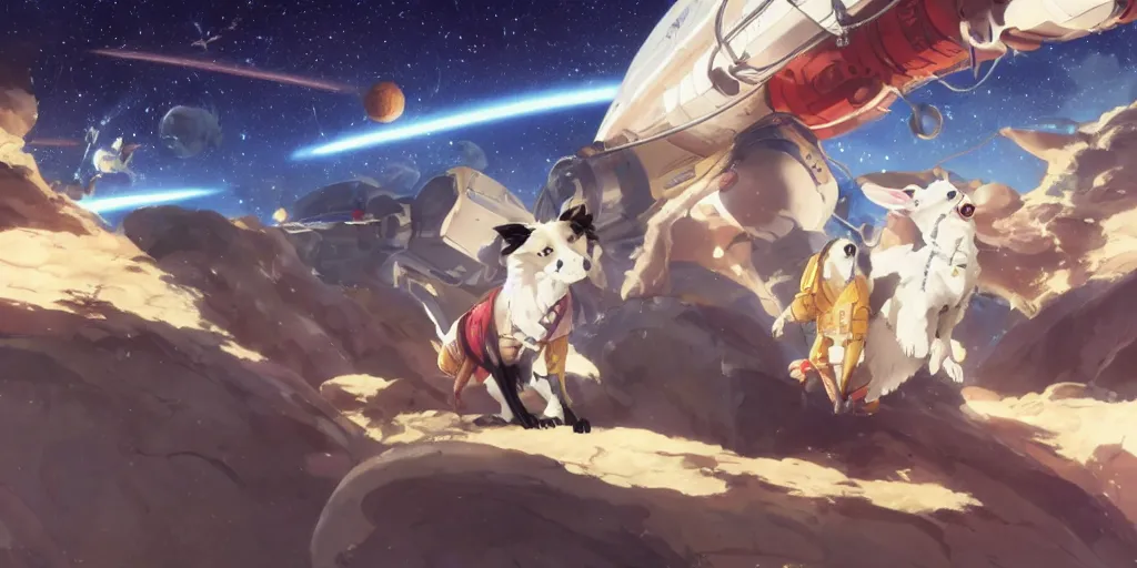 Image similar to border collie shooting space bunnies, in the space, on the space ship. nime key visual of luffy studio lit directed gaze, trending on pixiv fanbox, painted by greg rutkowski makoto shinkai takashi takeuchi studio ghibli