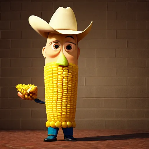 Image similar to john cornyn as a pixar character with a corn on the cob body and cowboy hat, 3 d, octane render,