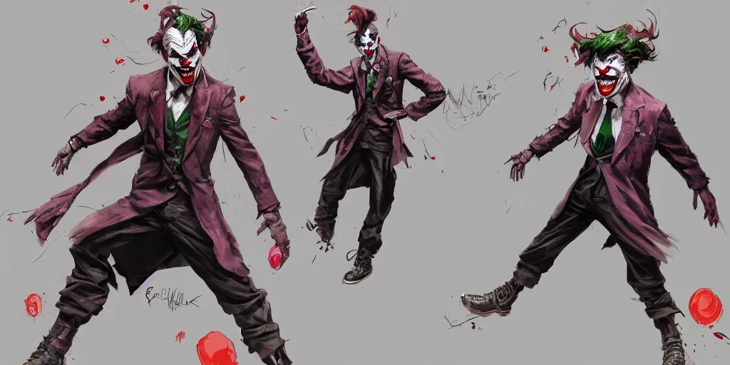 Prompt: cartoonish joker dancing in the night, vivid colors, character sheet, fine details, concept design, contrast, kim jung gi, greg rutkowski, enki bilal, trending on artstation, 8 k, full body, turnaround, front view, back view, ultra wide angle