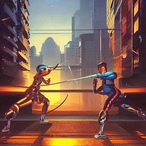 Image similar to ninja cyborgs katana duel in cybercity, golden hour, poster by michael whelan and gilbert williams and evgeny lushpin and artgerm and alena aenami, 3 0 mm, highly detailed