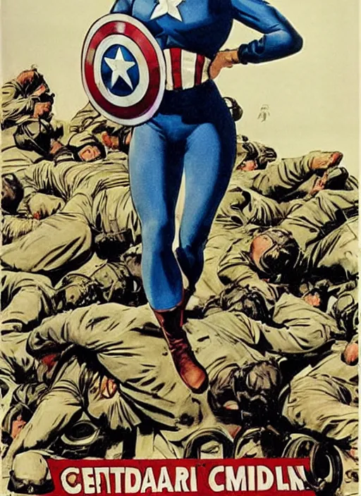 Prompt: female captain america standing on a pile of defeated german soldiers. feminist captain america wins wwii. american wwii propaganda poster by james gurney