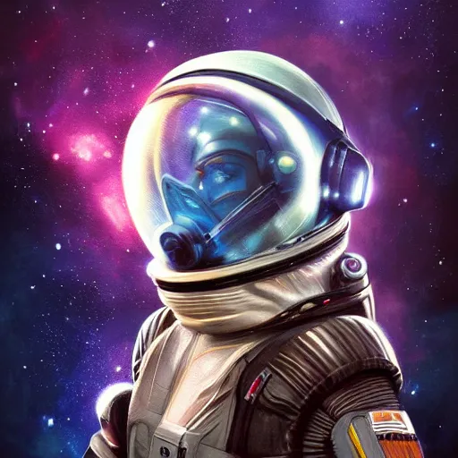 Image similar to portrait of a young rugged astronaut, galaxy spiral background. exploded helmet, D&D, fantasy, intricate, elegant, highly detailed, digital painting, artstation, concept art, matte, sharp focus, illustration, art by Anna dittmann