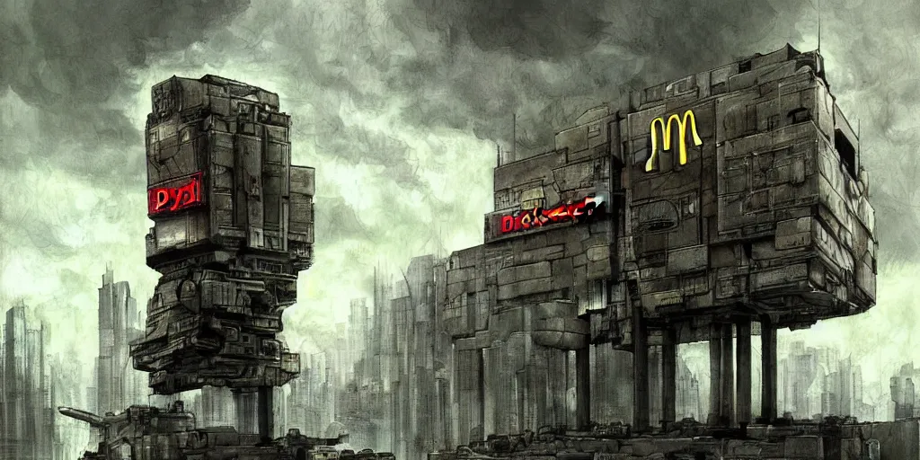 Prompt: dystopia where mcdonald's took over and ruled with an iron fist, award winning art, epic fantasy landscape, art print, science fiction, ultra realistic,