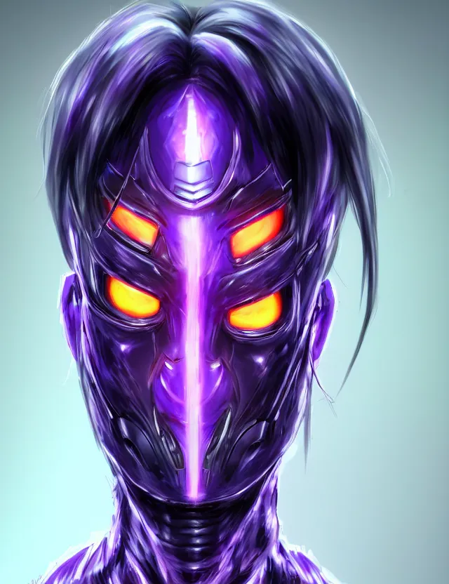 Image similar to a detailed manga portrait of a black haired man with a cybernetic body and face mask with purple fiery streaks, trending on artstation, digital art, 4 k resolution, detailed, high quality, sharp focus, hq artwork, coherent, insane detail, character portrait