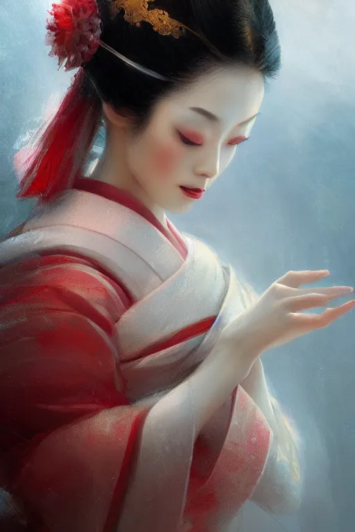 Image similar to geisha prima ballerina, gorgeous, ethereal, intricate, elegant, volumetric lighting, scenery, digital painting, highly detailed, artstation, sharp focus, illustration, concept art, ruan jia, steve mccurry