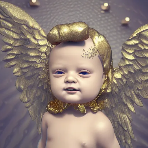 Image similar to a high tech 3 d rendering of a a baby cherub angel wearing a balaclava mask, ski mask, face covered, covered face, fixed eyes, gucci, supreme, chanel, tattoos, multiple gold cuban chain necklace, graffiti in background, cinema 4 d render