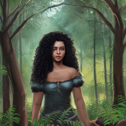 Prompt: A brown girl with black curly hair in a forest, highly detailed, artstation, 8k,