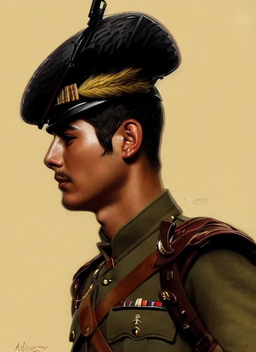 Image similar to portrait of stoic looking young peruvian soldier, military uniform, black hair, thick eyebrows, fantasy, intricate, elegant, highly detailed, centered, dark, smokey, digital painting, artstation, concept art, smooth, sharp focus, illustration, art by artgerm and greg rutkowski and alphonse mucha