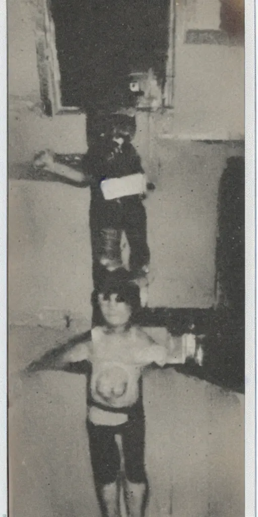 Image similar to found polaroid photo of a young boy with a horrifying figure looming behind him in a musty basement, detailed real photo