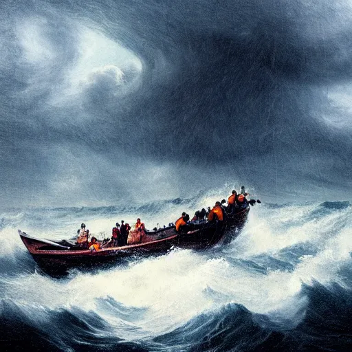 Prompt: a picture of a lot of people in a boat in the middle of a storm.