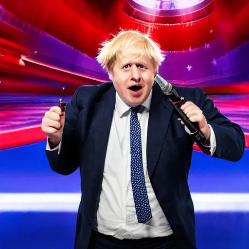 Image similar to boris johnson singing with a microphone on americas got talent, tomatoes and anchors being thrown at him, 4 k photograph