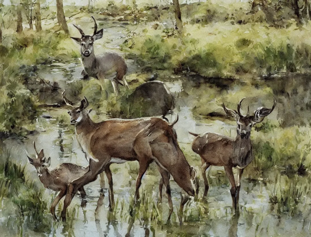 Image similar to watercolor by anders zorn, deer drinking water by pond, realistic nature art