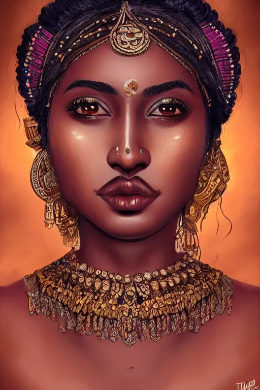 Image similar to A bust of a beautiful black skinned Indian girl with large lips and smooth eyebrows and straight hair, HD, illustration, epic, fantasy, intricate, elegant, amazing detail, digital painting, artstation, concept art, smooth, sharp focus, illustration, art by Turine Tran