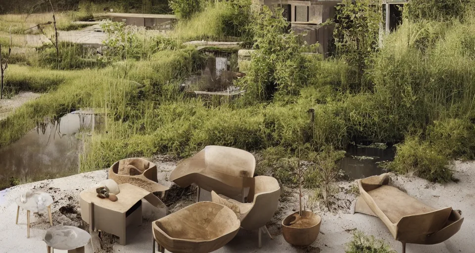 Image similar to IKEA catalogue photo, high end farm house style kitchen, a pond in the middle, concrete, sand piled in corners, dust, organic, vines, wooden, overgrown, water feature, by Beksiński