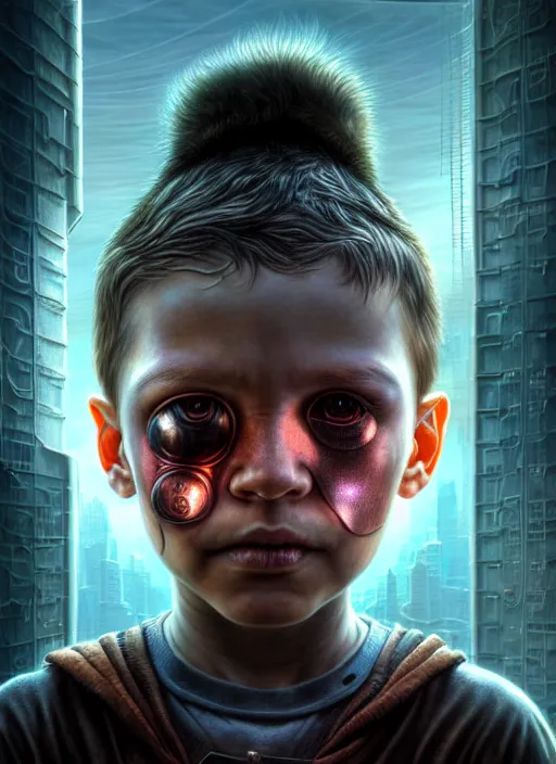 Image similar to closeup portrait shot of a cyberpunk child in a scenic dystopian environment, intricate, elegant, highly detailed, centered, digital painting, artstation, concept art, smooth, sharp focus, illustration, artgerm, tomasz alen kopera, peter mohrbacher, donato giancola, joseph christian leyendecker, wlop, boris vallejo