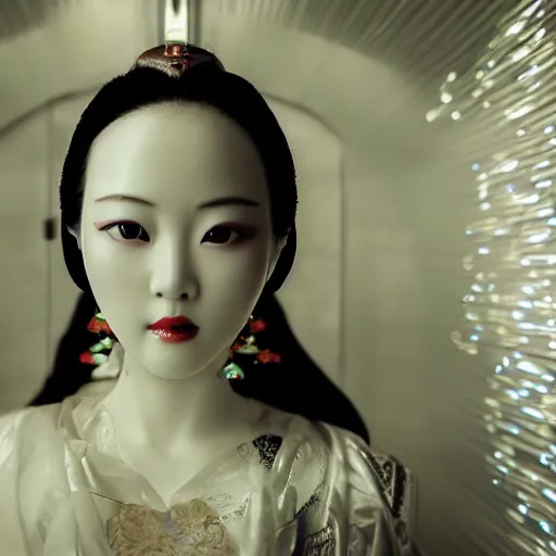 Prompt: closeup photo of beautiful Chinese ancient princess standing in the corridor in the space ship, attractive symmetrical face, big eyes and lips, clean face and body skin,ecstatic face expression, ornamental jewelry and ancient translucent clothes, futuristic space ship interrior, wires with lights,depth of field, lens flare, moody lighting, moody photography, old photo, black and white, sepia, cinematic lighting, cinematic angle, editorial photography