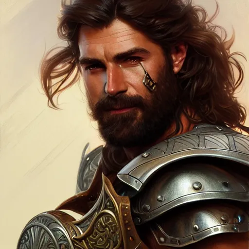 Image similar to portrait of a ruggedly handsome paladin, soft hair, muscular, half body, leather, hairy, d & d, fantasy, intricate, elegant, highly detailed, digital painting, artstation, concept art, smooth, sharp focus, illustration, art by artgerm and greg rutkowski and alphonse mucha