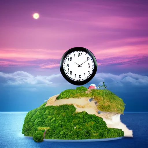 Image similar to a clock floating on an floating island, there are clouds around, it is on earth, on the background there are other floating islands too, floating at the ozone layer, cartoony, 4 k resolution, award winning