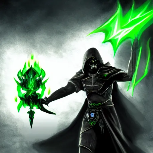 Prompt: illustration of dark priest holding green lightning, black halo, evil, power, green mist, scary, photorealistic, unreal engine, hellish background, mtg, dnd