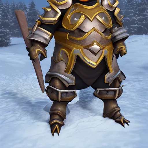 Prompt: fat penguin paladin in heavy armor, winter kingdom background, cinematic, artstation character art, unreal engine 5 render