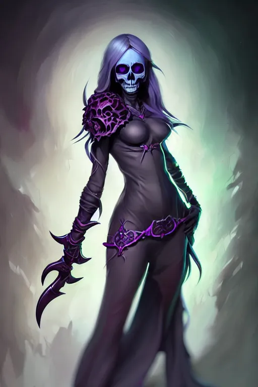 Image similar to Full body character concept art of a female Drow necromancer, skull scythe, pretty face, long dark hair, by Stanley Artgerm Lau, WLOP, Rossdraws, James Jean, Andrei Riabovitchev, Marc Simonetti, and Sakimichan, tranding on artstation